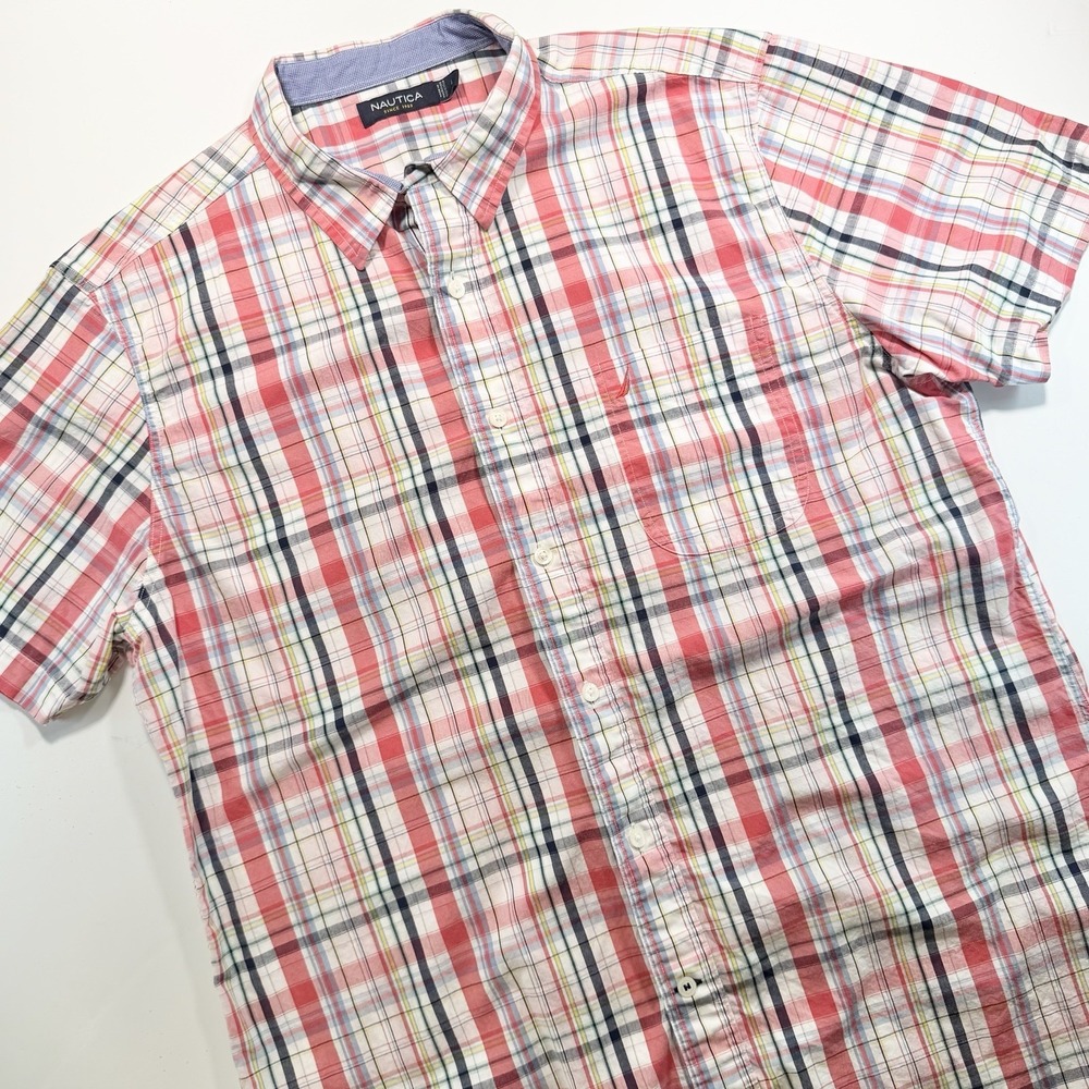 Nautica Men's Short‎ Sleeve Plaid Button Up L Pink White Blue 100% Cotton